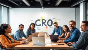 Reunión de equipo frente a mural de CRO.