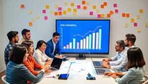 Reunión analizando gráficas de crecimiento en pantalla