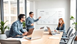 Reunión de trabajo con presentación de gráficos.