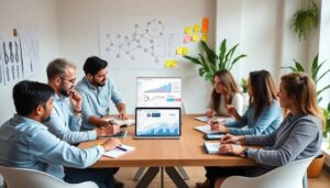 Reunión de equipo analizando gráficos financieros en oficina.