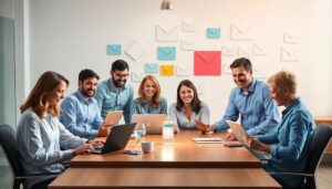 Reunión de equipo con dispositivos electrónicos y papeles.