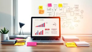 Ordenador con gráficos SEO y notas adhesivas