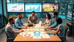 Reunión de equipo analizando gráficos de marketing