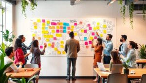 Reunión de equipo frente a pizarra llena de notas.