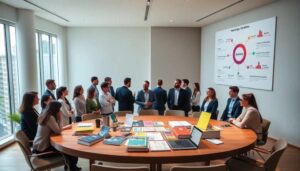 Reunión empresarial con presentación de gráficos y estadísticas.
