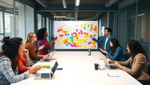 Reunión de equipo con pizarra y post-its coloridos.