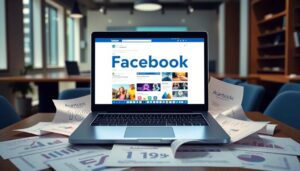Portátil con Facebook abierto, rodeado de gráficos financieros.