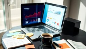 Dos portátiles, gráficos y notas en mesa de trabajo.