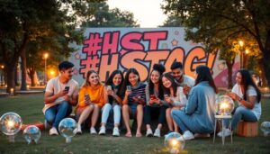 Grupo de amigos usando móviles en parque iluminado