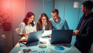 Equipo trabajando en presentación con ordenadores y documentos.