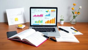 Mesa de trabajo con gráficos en laptop.