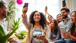 Personas felices tomando selfies en grupo alegre.