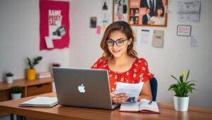 Mujer trabajando en ordenador portátil en oficina.