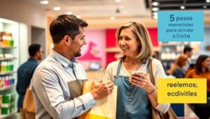 Pareja sonriendo en una tienda con bolsas de compras.