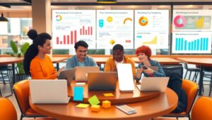 Personas colaboran en oficina con gráficos de marketing.