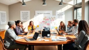 Reunión de equipo en oficina con ordenadores y notas.