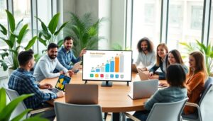 Reunión de equipo con gráficos en pantalla.