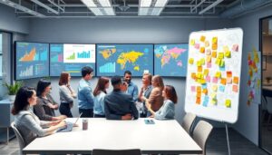 Reunión de equipo en sala con pantallas y pizarra.