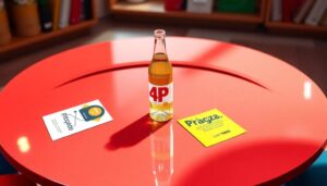 Mesa roja con botella y papeles.