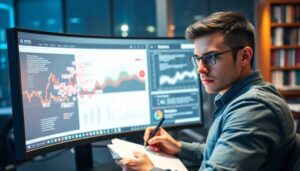 Analista observa gráficos en pantalla de ordenador.