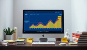 Gráfica de datos en ordenador de oficina moderna.