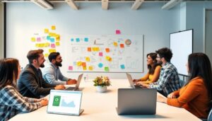 Reunión de equipo con laptops y pizarras
