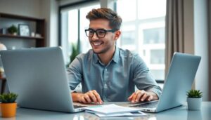 Hombre trabajando con dos ordenadores en oficina moderna.