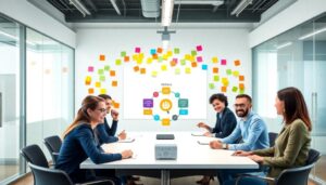 Reunión en sala con notas coloridas.