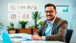 Hombre en oficina con gráficos de proyectos.