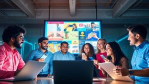 Equipo multicultural sonríe en presentación de marketing.