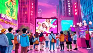 Gente observando pantallas gigantes en ciudad moderna