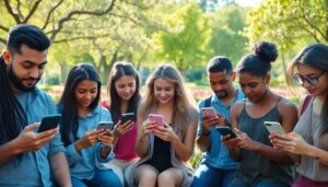 Grupo de personas usando móviles en el parque.