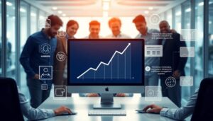 Equipo analiza gráficos de crecimiento en oficina moderna.