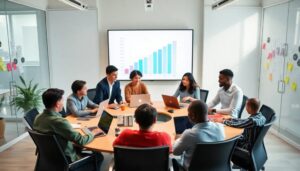 Personas reunidas discuten gráficos en sala de juntas.