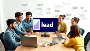 Reunión de equipo discutiendo gráficos en monitor