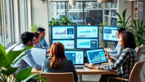 Reunión de trabajo con pantallas de datos y gráficas.