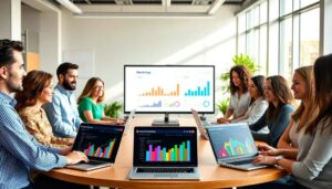 Reunión de equipo con gráficos en portátiles.