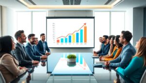 Reunión empresarial con gráfica de crecimiento en pantalla.