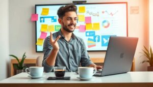 Persona sonriente en videollamada con portátil y gráfico