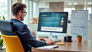 Hombre trabajando en oficina con ordenador y gráficos.