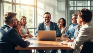 Reunión de equipo en oficina luminosa.