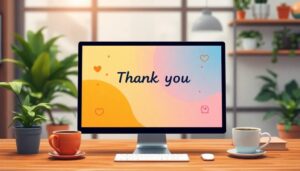 Pantalla con mensaje 'Thank you', plantas alrededor.