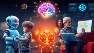 Interacción humana con inteligencia artificial y tecnología avanzada.