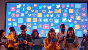 Personas usando dispositivos frente a símbolos de redes sociales.
