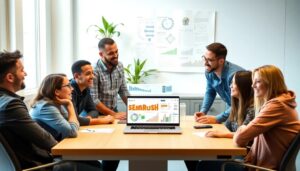 Reunión de trabajo con análisis en pantalla.