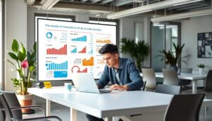 Hombre trabajando en presentación sobre redes sociales.