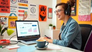 Persona trabajando en marketing digital con portátil.