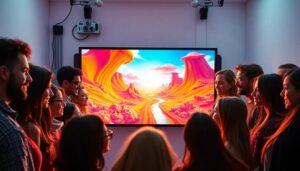 Personas observan paisaje colorido en pantalla grande.