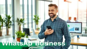 Persona usando WhatsApp Business en oficina moderna.