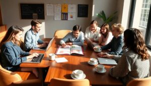 Reunión de equipo en oficina con ordenadores y café.